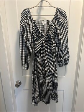 Black & White Gingham Smocked Midi Dress